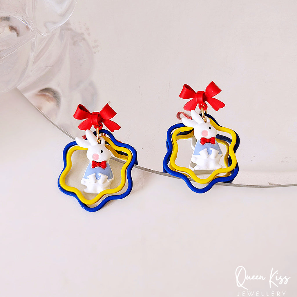 Super Cute Bunny Rabbit and Red Bowknot Love Earrings -- Be Happy!!