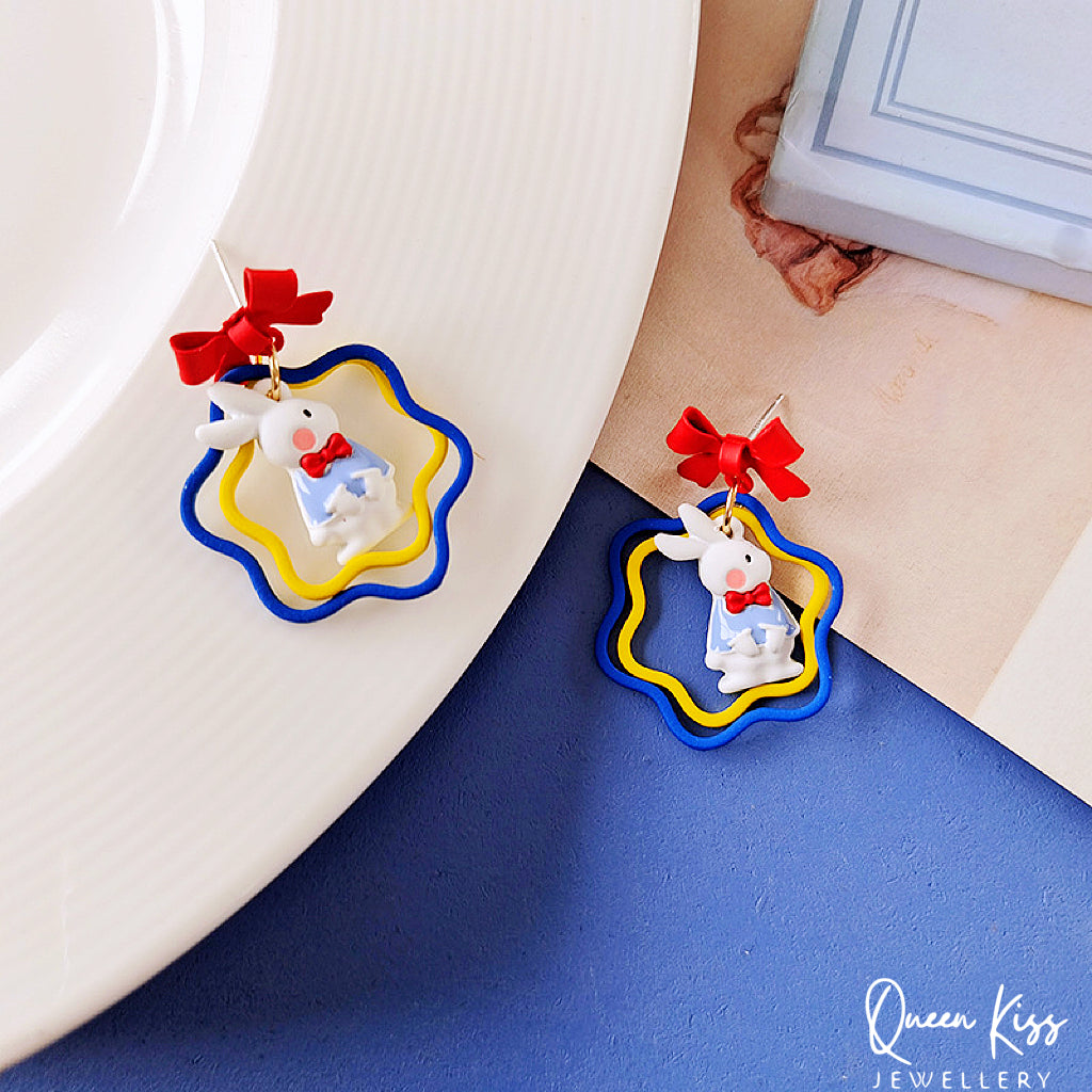 Super Cute Bunny Rabbit and Red Bowknot Love Earrings -- Be Happy!!