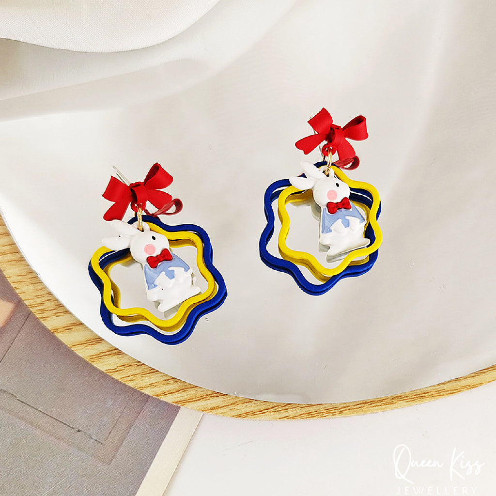 Super Cute Bunny Rabbit and Red Bowknot Love Earrings -- Be Happy!!