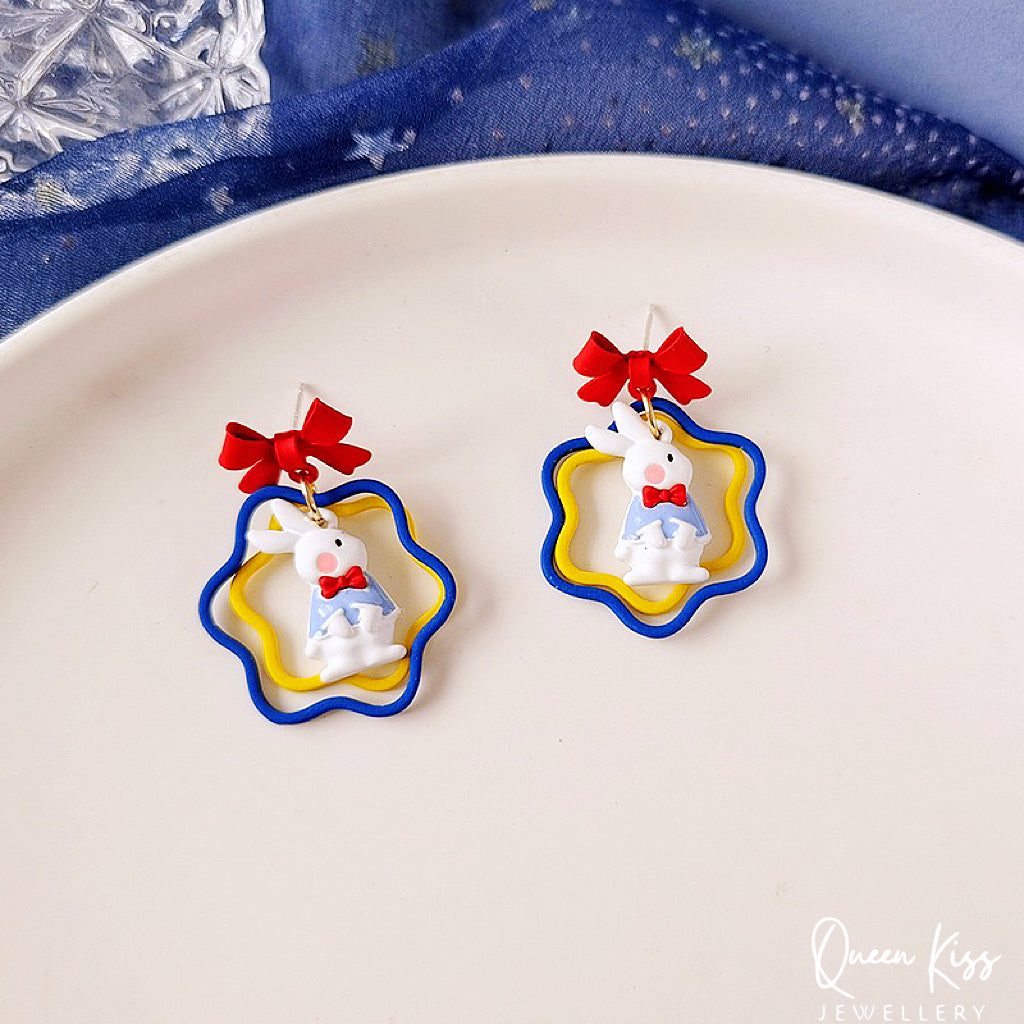Super Cute Bunny Rabbit and Red Bowknot Love Earrings -- Be Happy!!