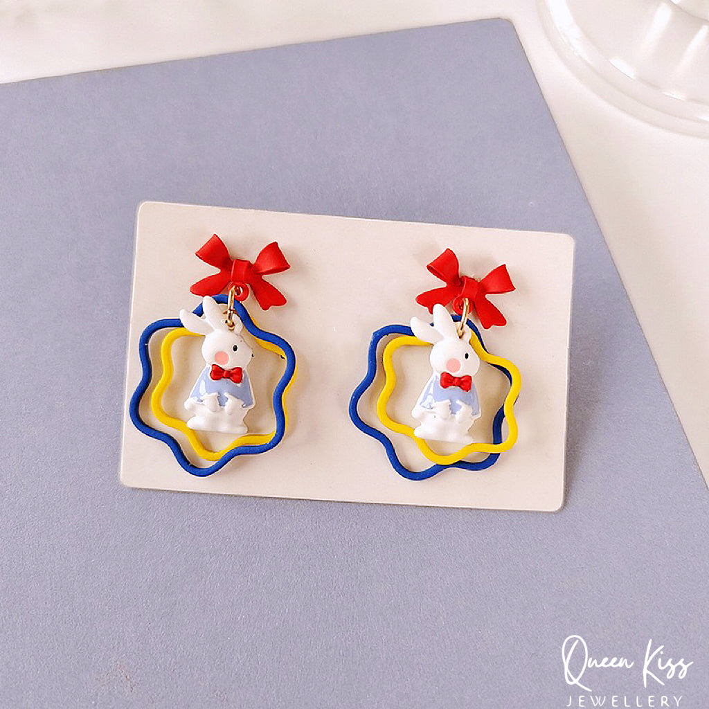 Super Cute Bunny Rabbit and Red Bowknot Love Earrings -- Be Happy!!