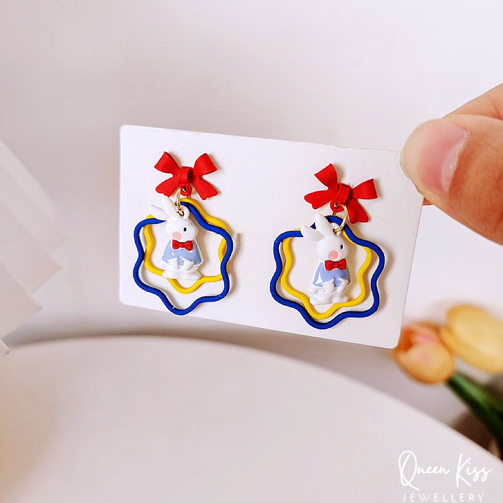 Super Cute Bunny Rabbit and Red Bowknot Love Earrings -- Be Happy!!