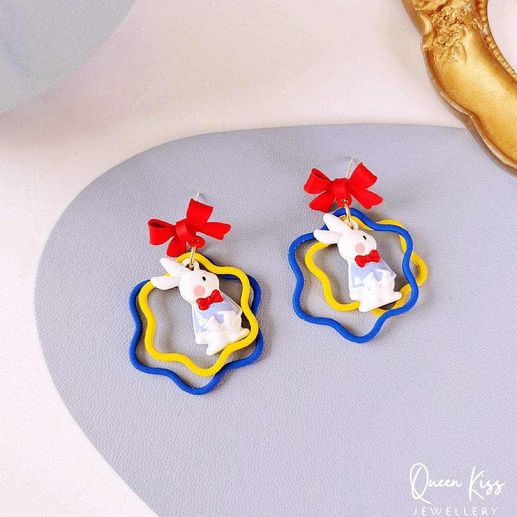 Super Cute Bunny Rabbit and Red Bowknot Love Earrings -- Be Happy!!