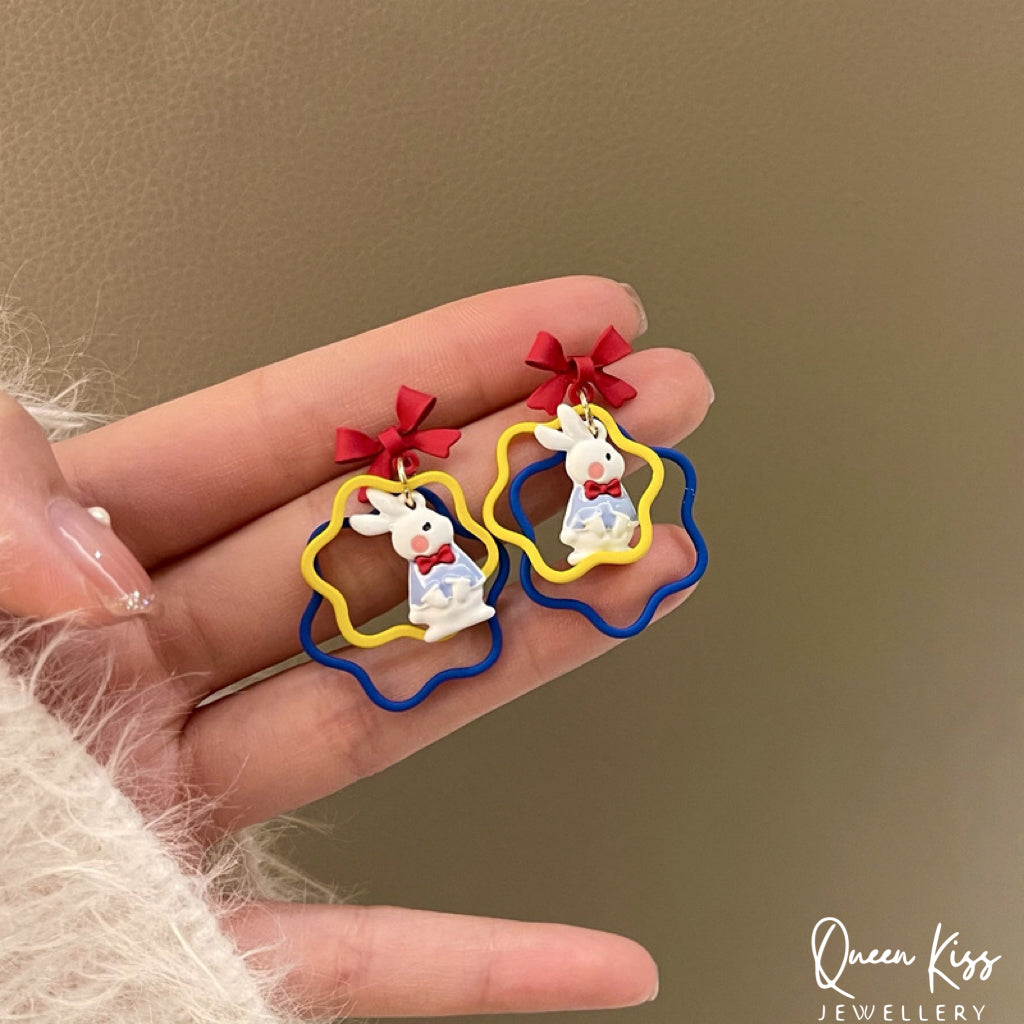 Super Cute Bunny Rabbit and Red Bowknot Love Earrings -- Be Happy!!
