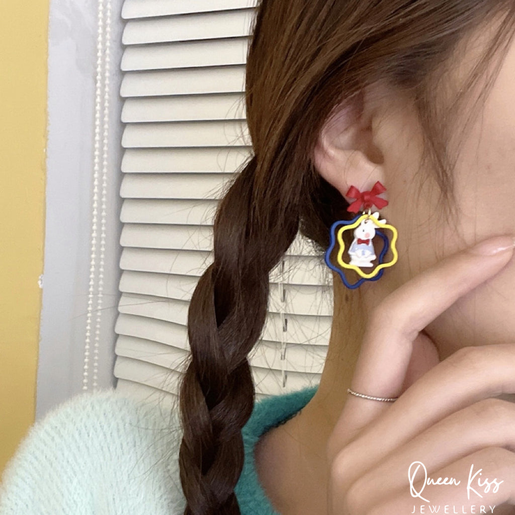 Super Cute Bunny Rabbit and Red Bowknot Love Earrings -- Be Happy!!