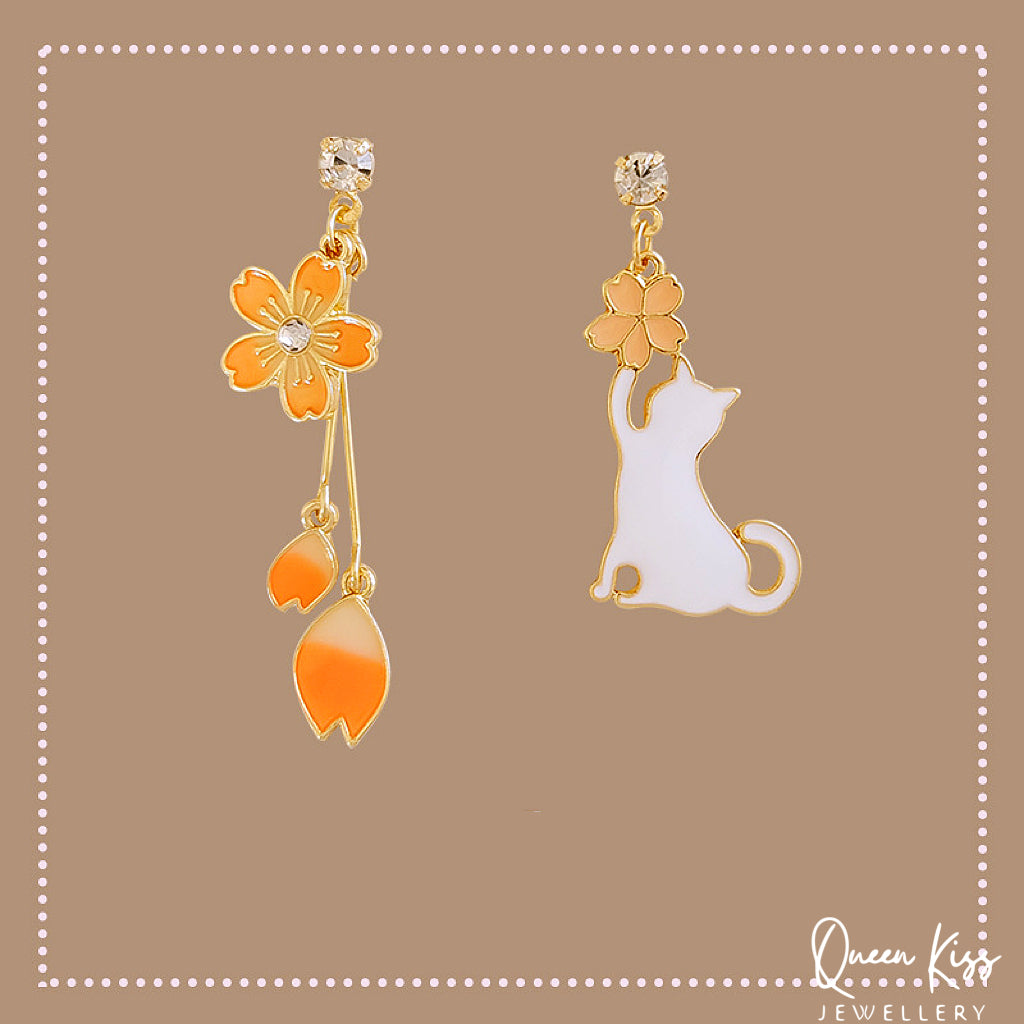 Super Cute Chilled Kitty Cat and Flowers Love Earrings -- Play Time!!