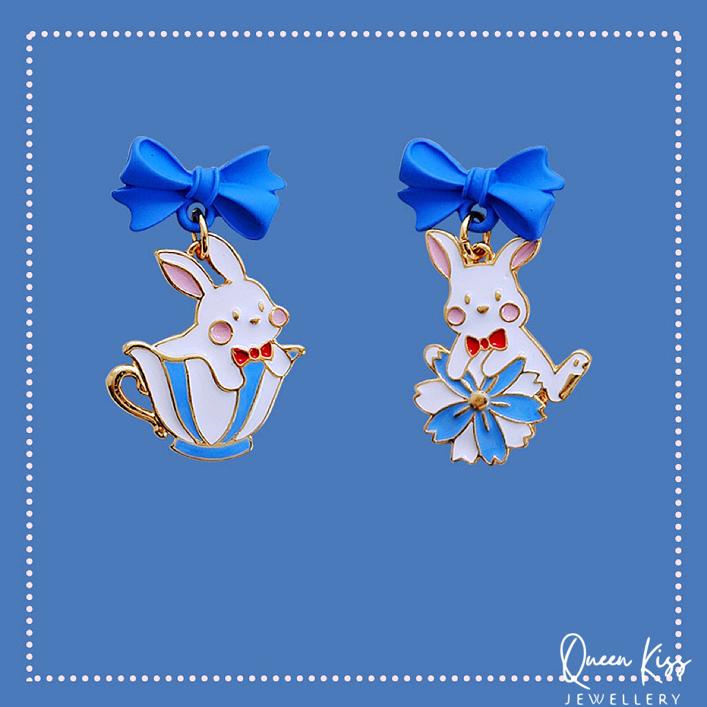 Super Cute Blue Bunny and Bowknot Love Earrings -- Now and Forever!!