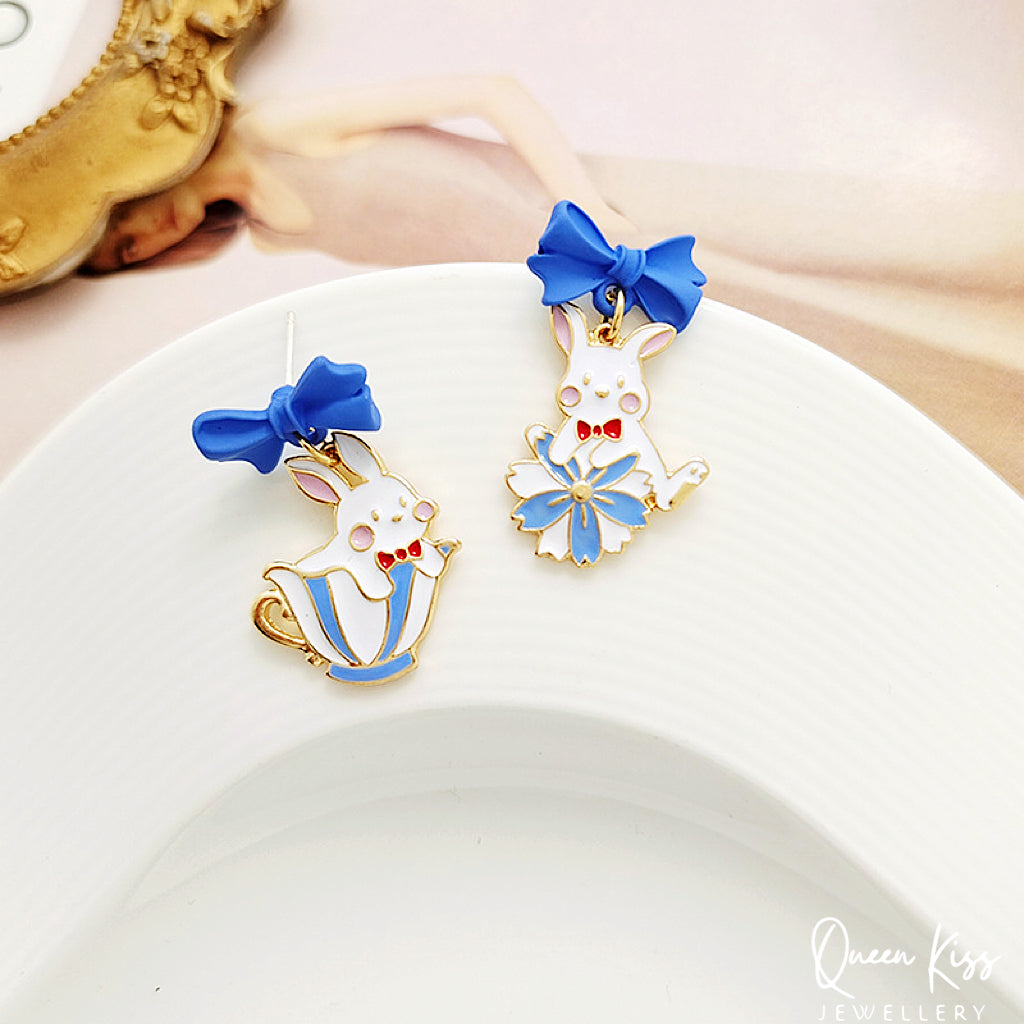 Super Cute Blue Bunny and Bowknot Love Earrings -- Now and Forever!!