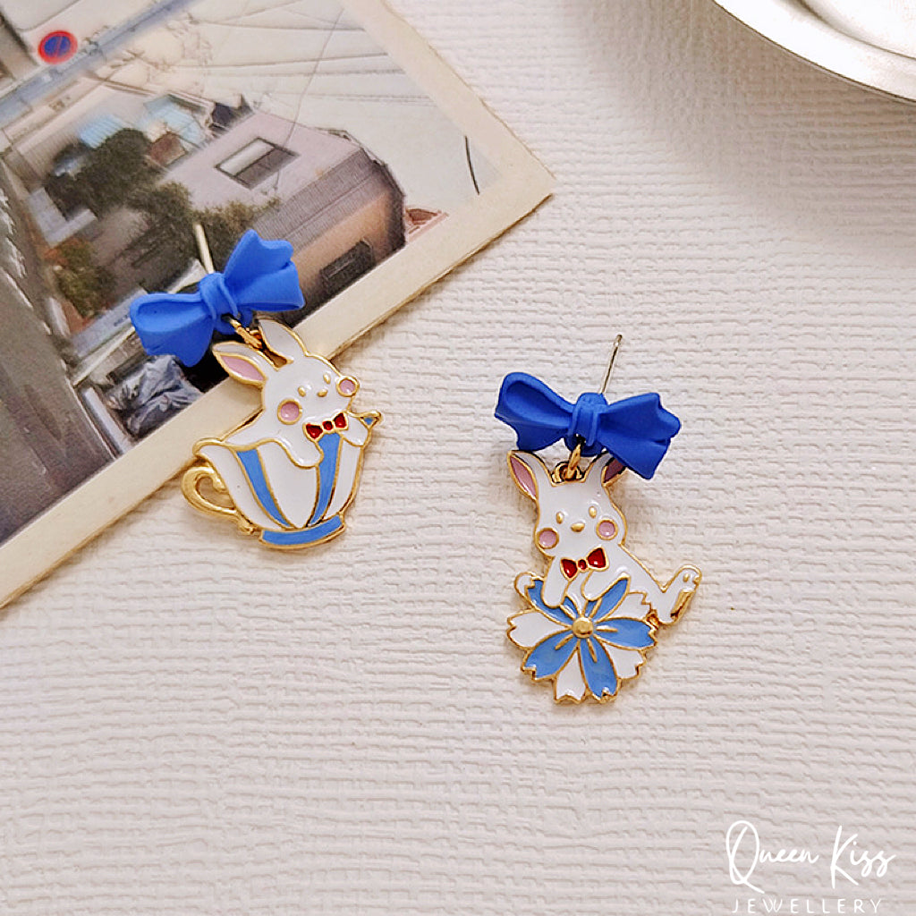 Super Cute Blue Bunny and Bowknot Love Earrings -- Now and Forever!!