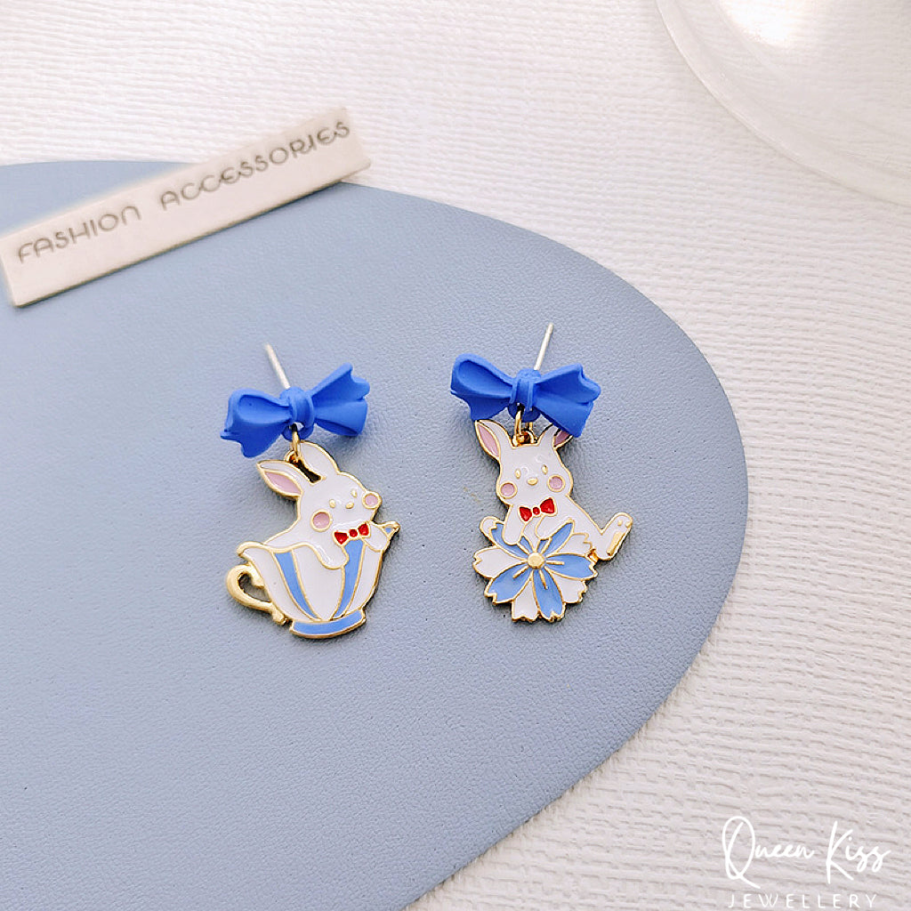 Super Cute Blue Bunny and Bowknot Love Earrings -- Now and Forever!!
