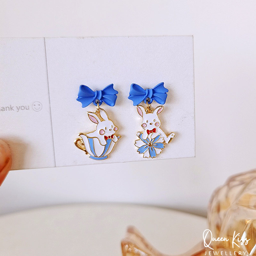 Super Cute Blue Bunny and Bowknot Love Earrings -- Now and Forever!!