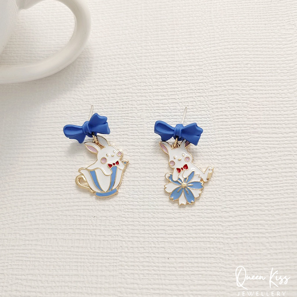 Super Cute Blue Bunny and Bowknot Love Earrings -- Now and Forever!!