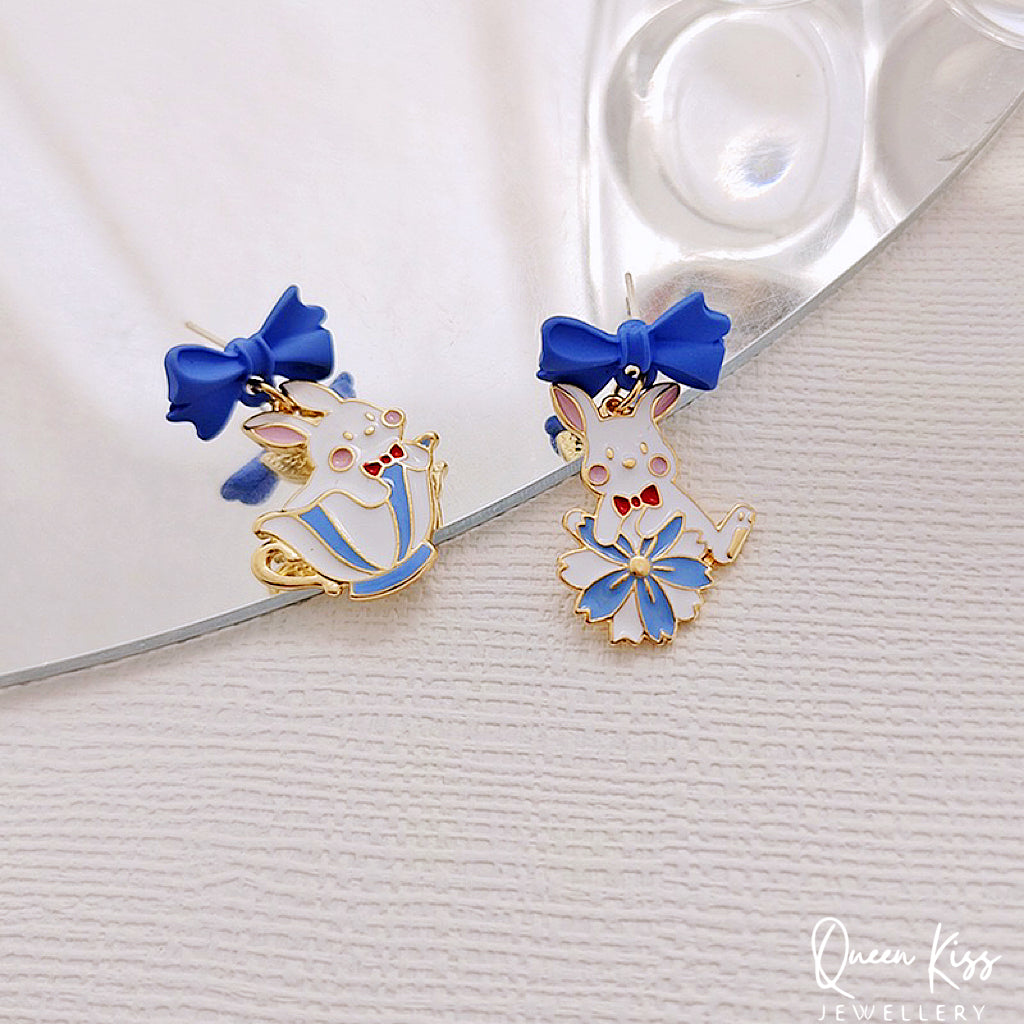 Super Cute Blue Bunny and Bowknot Love Earrings -- Now and Forever!!