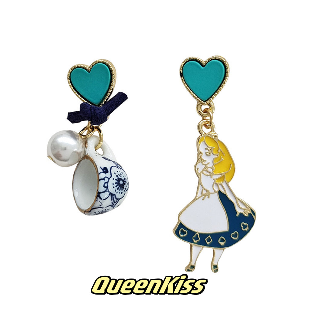 Super Cute Wonderland Alice And High Tea Cup Heart Enamelled Earrings -- Chatime!!