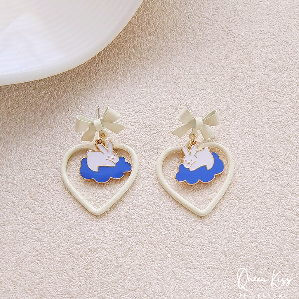 Super Cute Bunny Lay Down on the Cloud and Bowknot Love Earrings -- Paradise!!