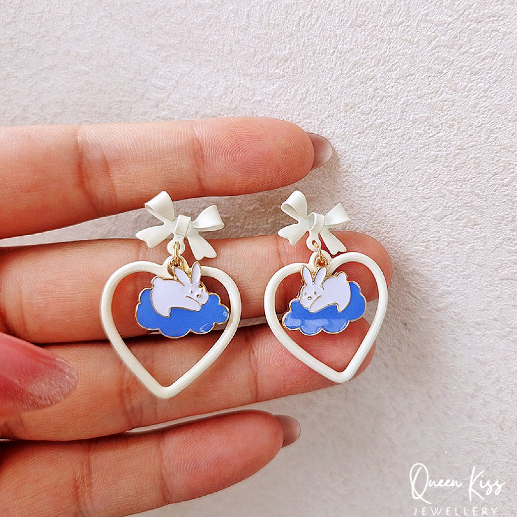 Super Cute Bunny Lay Down on the Cloud and Bowknot Love Earrings -- Paradise!!