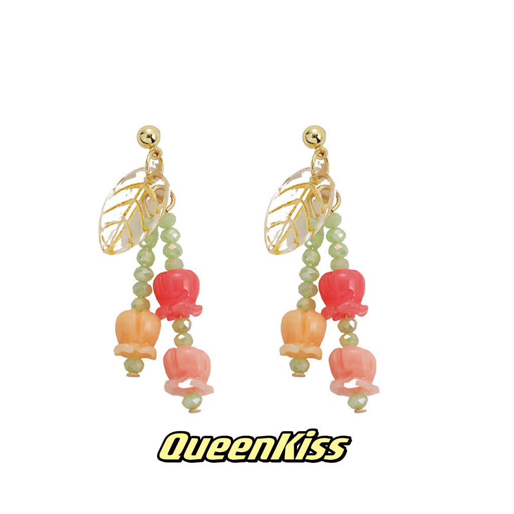 Cute Tulip Yellow Leave Pink Peach Yellow Flower Romantic Earrings - Mama I Love You!!