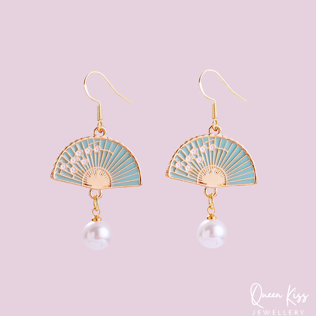 Super Cute Japanese Style Blue Japanese Fan and Pearl Earrings -- Nihon Ogi!!