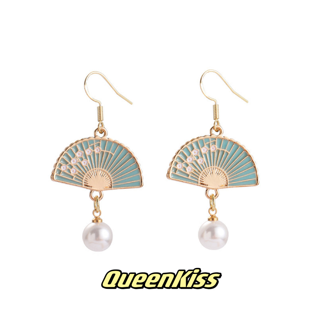 Super Cute Japanese Style Blue Japanese Fan and Pearl Earrings -- Nihon Ogi!!