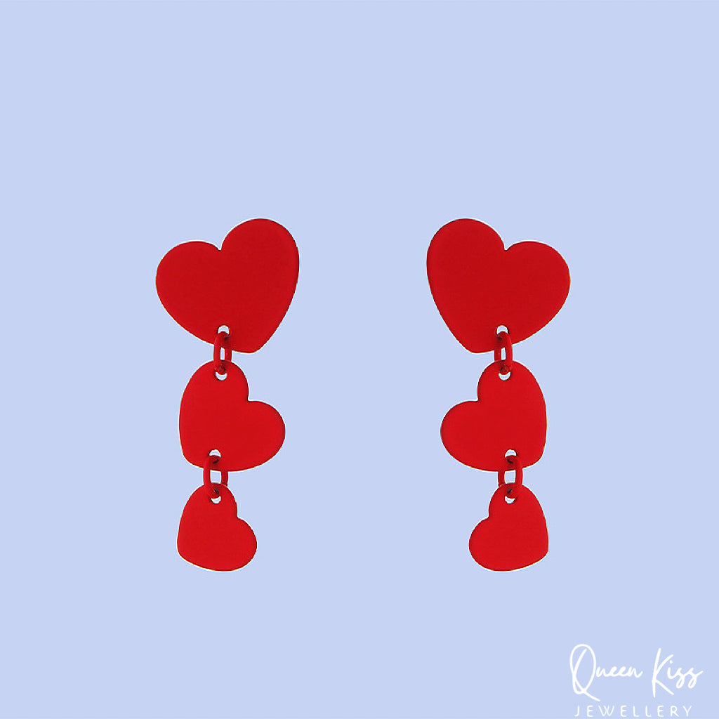 Red Chain Heart Women Earrings -- Simple Red!!