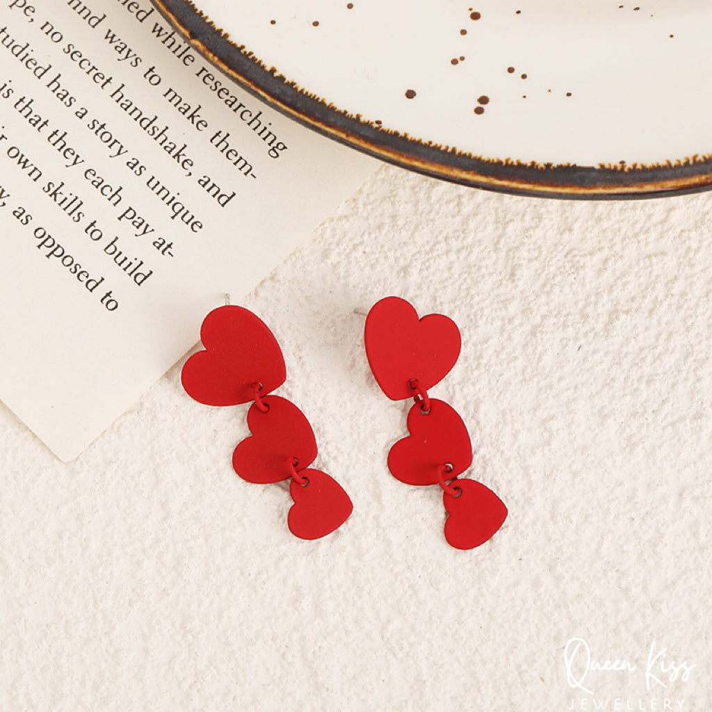 Red Chain Heart Women Earrings -- Simple Red!!