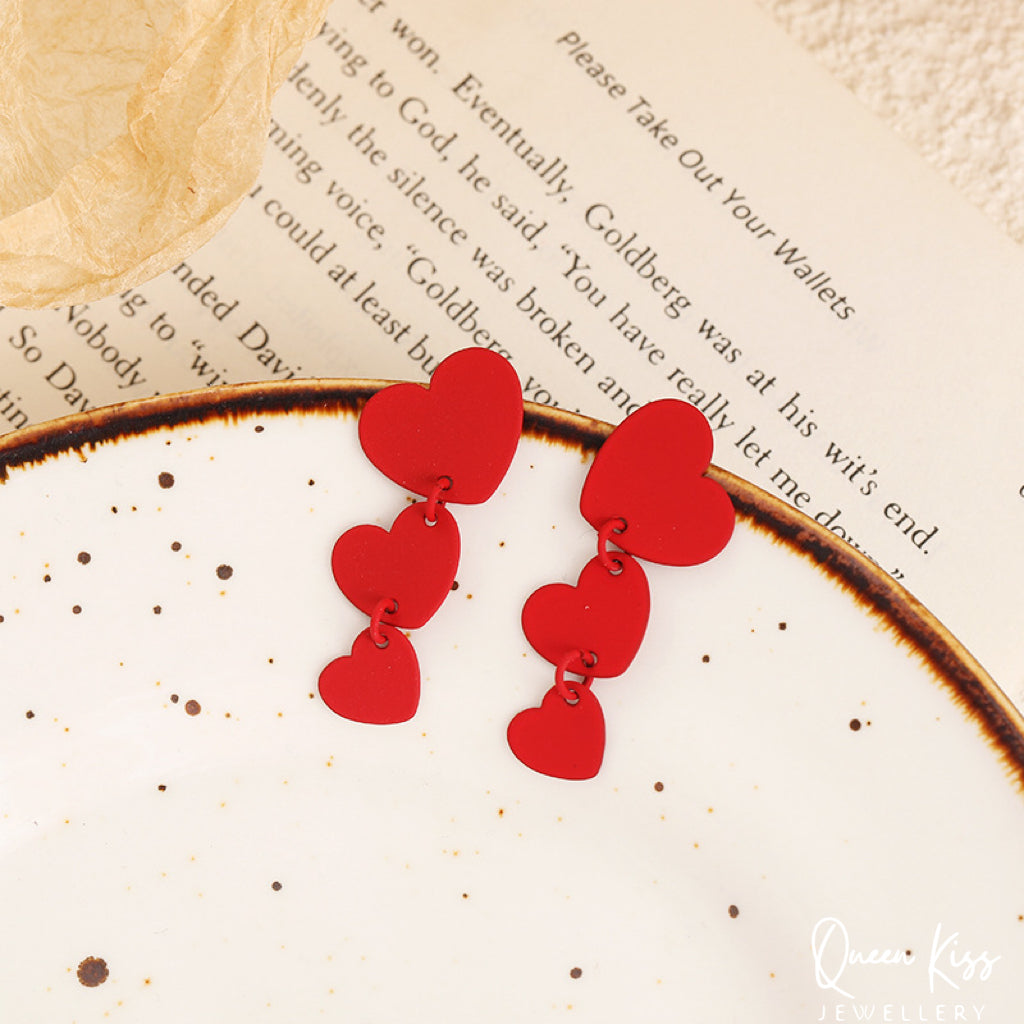 Red Chain Heart Women Earrings -- Simple Red!!