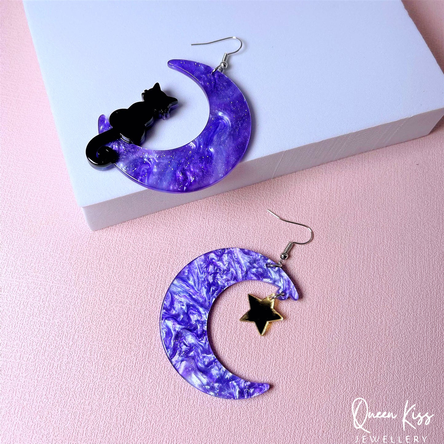 Cute Light Trendy Adorable Acrylic Moon and Black Cat and Star Earrings - Once Upon A Moon!!