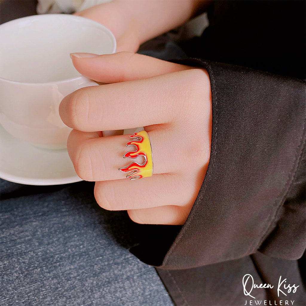 Cool Vintage Fire Red Yellow Silver Adjustable Ring