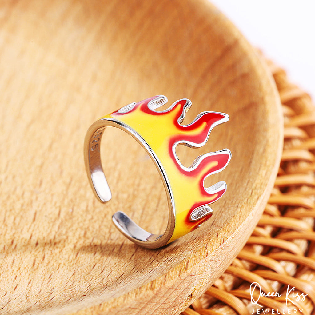 Cool Vintage Fire Red Yellow Silver Adjustable Ring