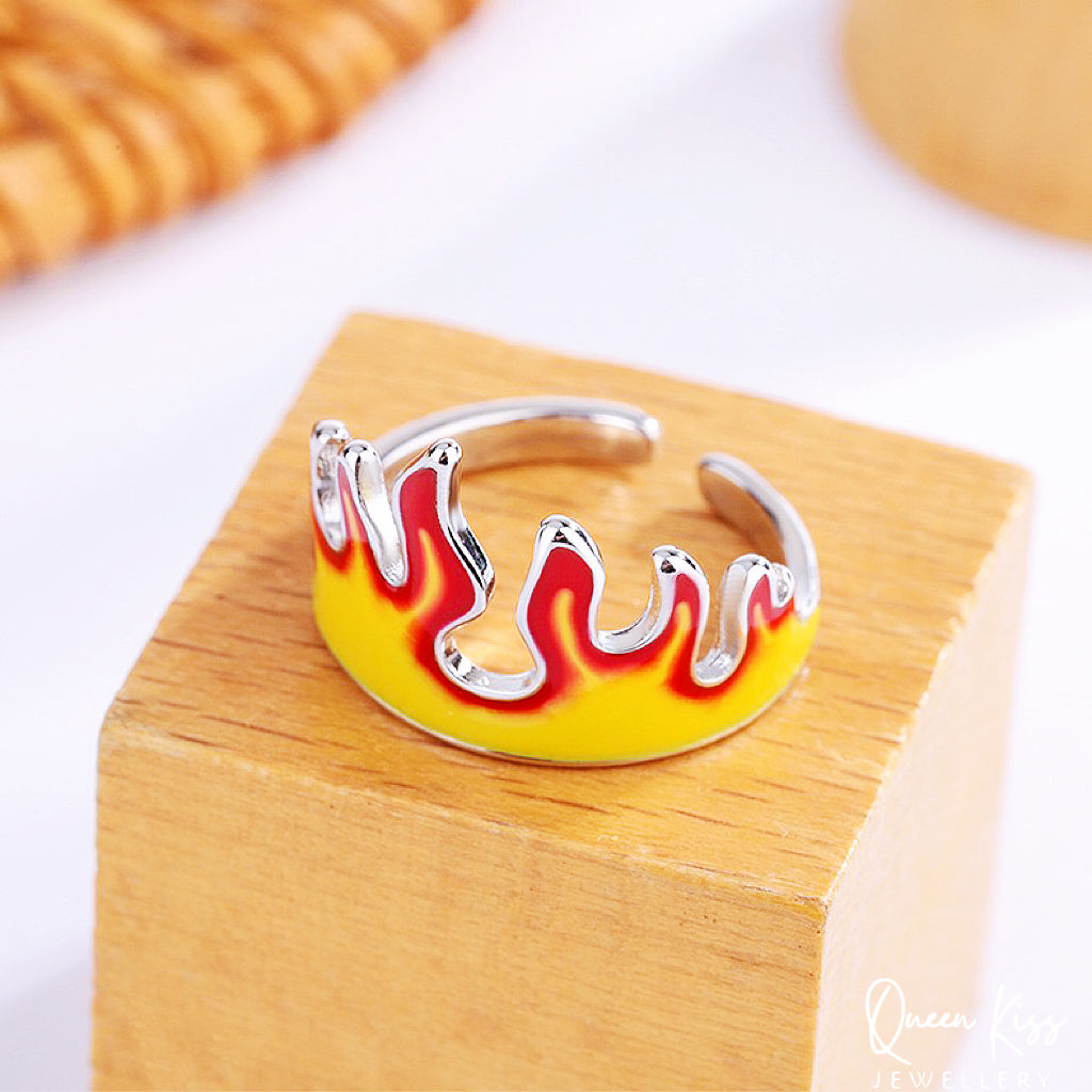 Cool Vintage Fire Red Yellow Silver Adjustable Ring