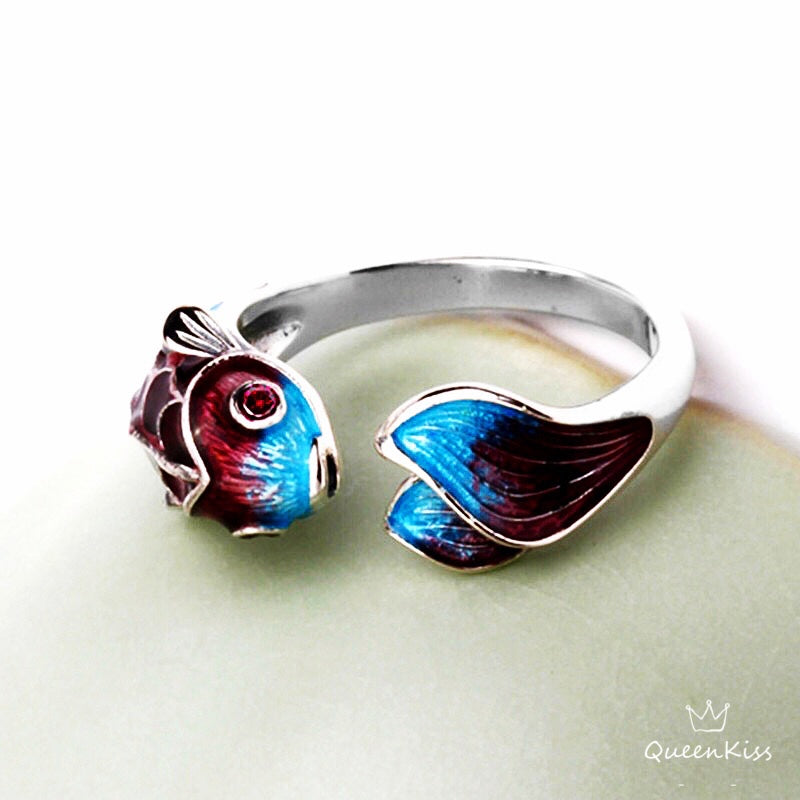 Enamelled Vintage Red Blue 3D Fish Adjustable Silver Ring