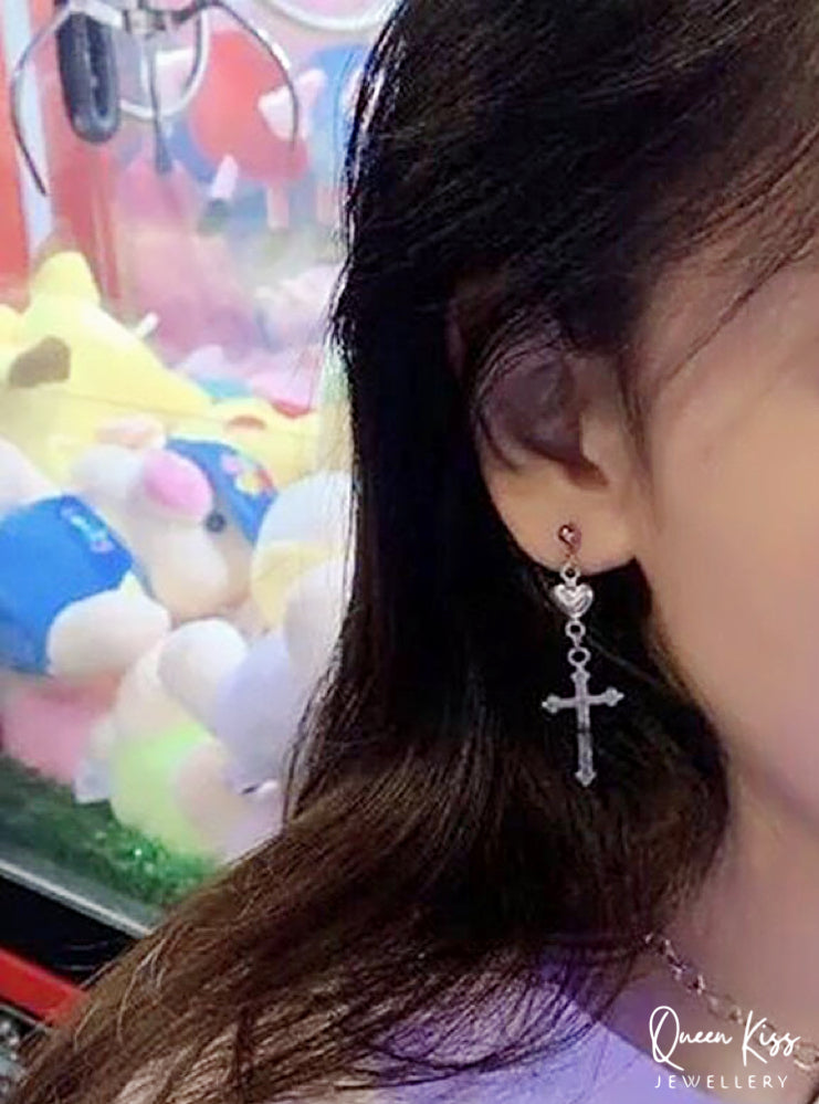 Cool Cross Dangle Silver Earrings Needle Pierced Heart Earrings -- Jesus Loves you!!