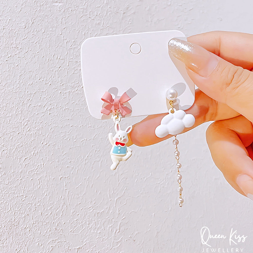Super Cute Rabbit Bunny and Cloud Bowknot and Pearl Earrings -- Bunny Love!!