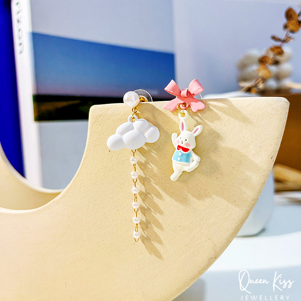 Super Cute Rabbit Bunny and Cloud Bowknot and Pearl Earrings -- Bunny Love!!