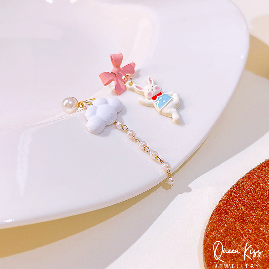 Super Cute Rabbit Bunny and Cloud Bowknot and Pearl Earrings -- Bunny Love!!