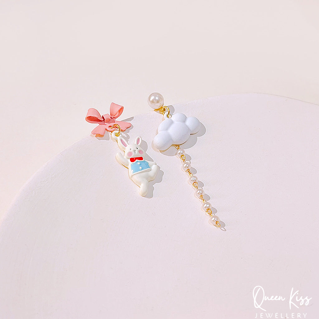Super Cute Rabbit Bunny and Cloud Bowknot and Pearl Earrings -- Bunny Love!!
