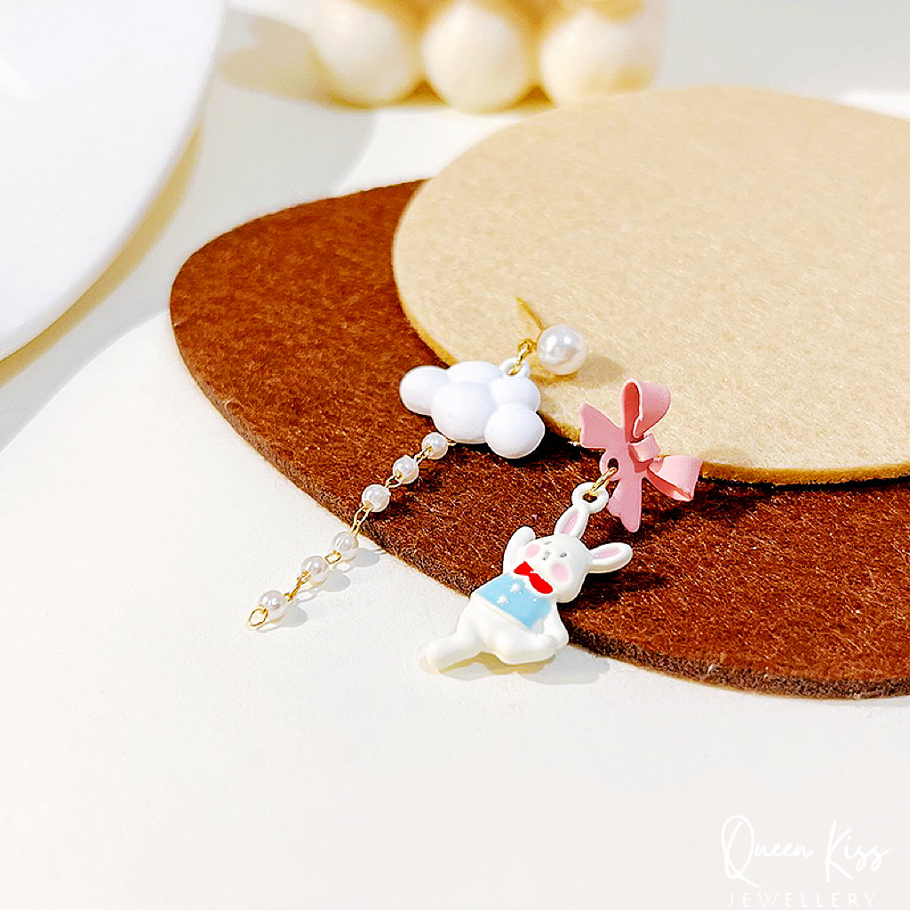 Super Cute Rabbit Bunny and Cloud Bowknot and Pearl Earrings -- Bunny Love!!