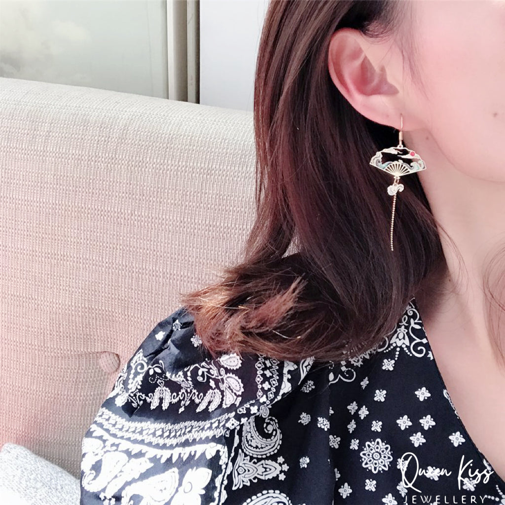 Super Cute Japanese Style Crane and Japanese Fan Earrings -- Peace of Love!!