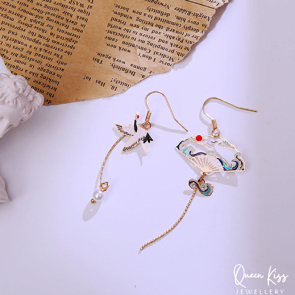 Super Cute Japanese Style Crane and Japanese Fan Earrings -- Peace of Love!!