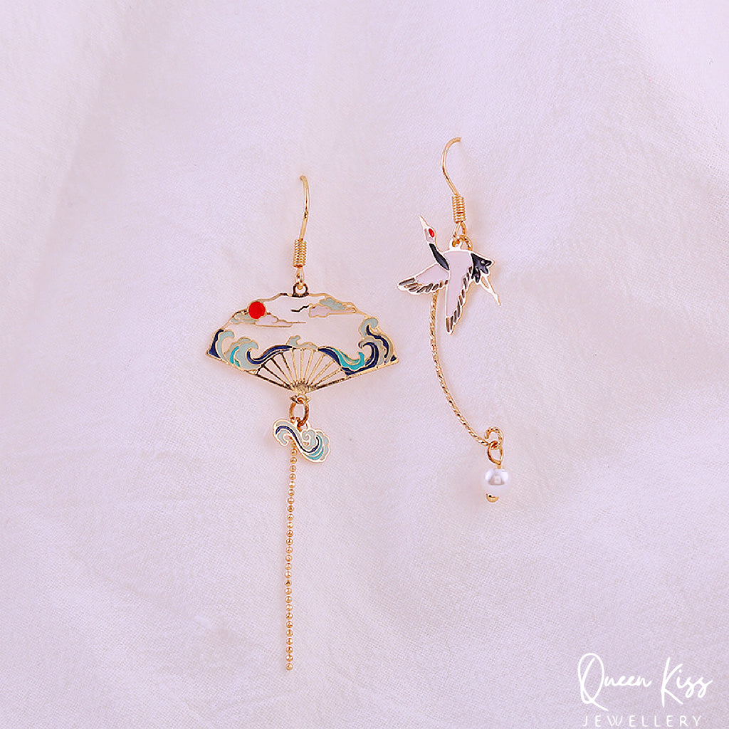 Super Cute Japanese Style Crane and Japanese Fan Earrings -- Peace of Love!!