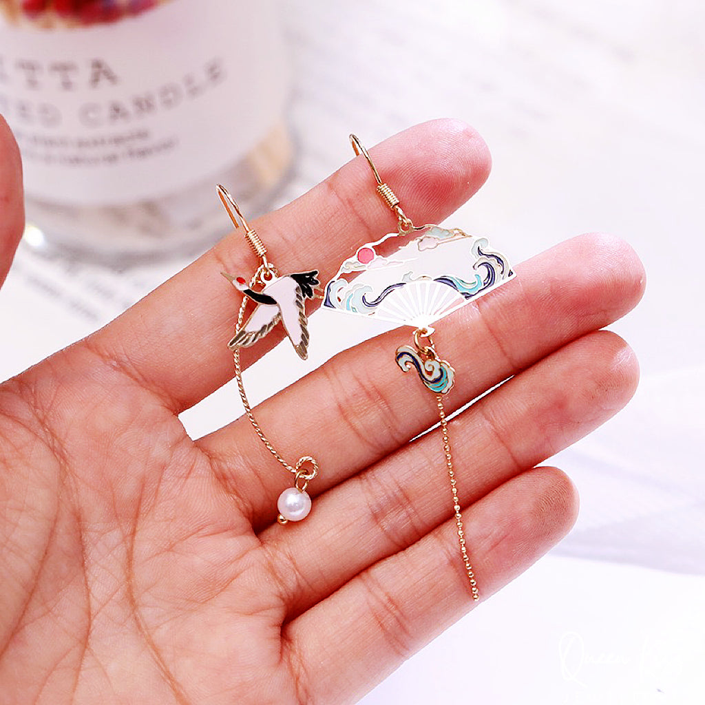 Super Cute Japanese Style Crane and Japanese Fan Earrings -- Peace of Love!!