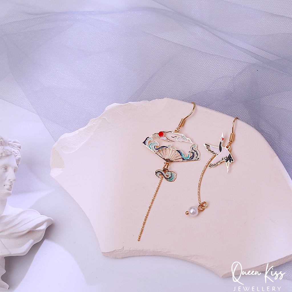 Super Cute Japanese Style Crane and Japanese Fan Earrings -- Peace of Love!!