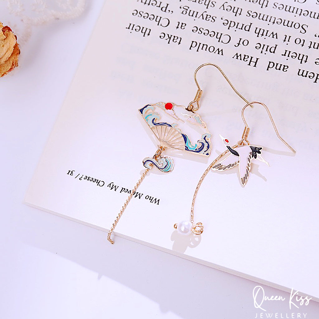 Super Cute Japanese Style Crane and Japanese Fan Earrings -- Peace of Love!!