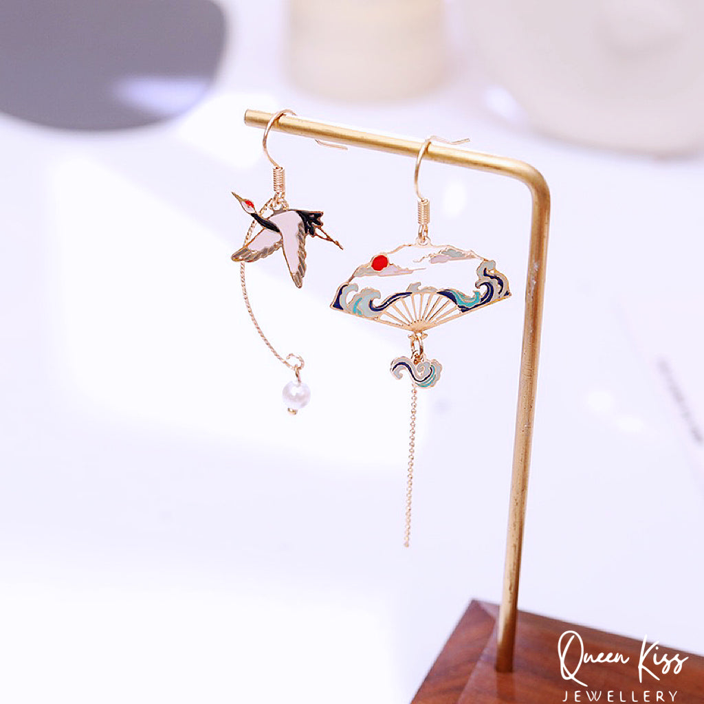 Super Cute Japanese Style Crane and Japanese Fan Earrings -- Peace of Love!!