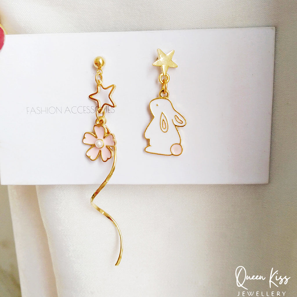 Super Cute Rabbit Bunny and Pink Flower Stars Earrings -- Angel of Mine You Are!!