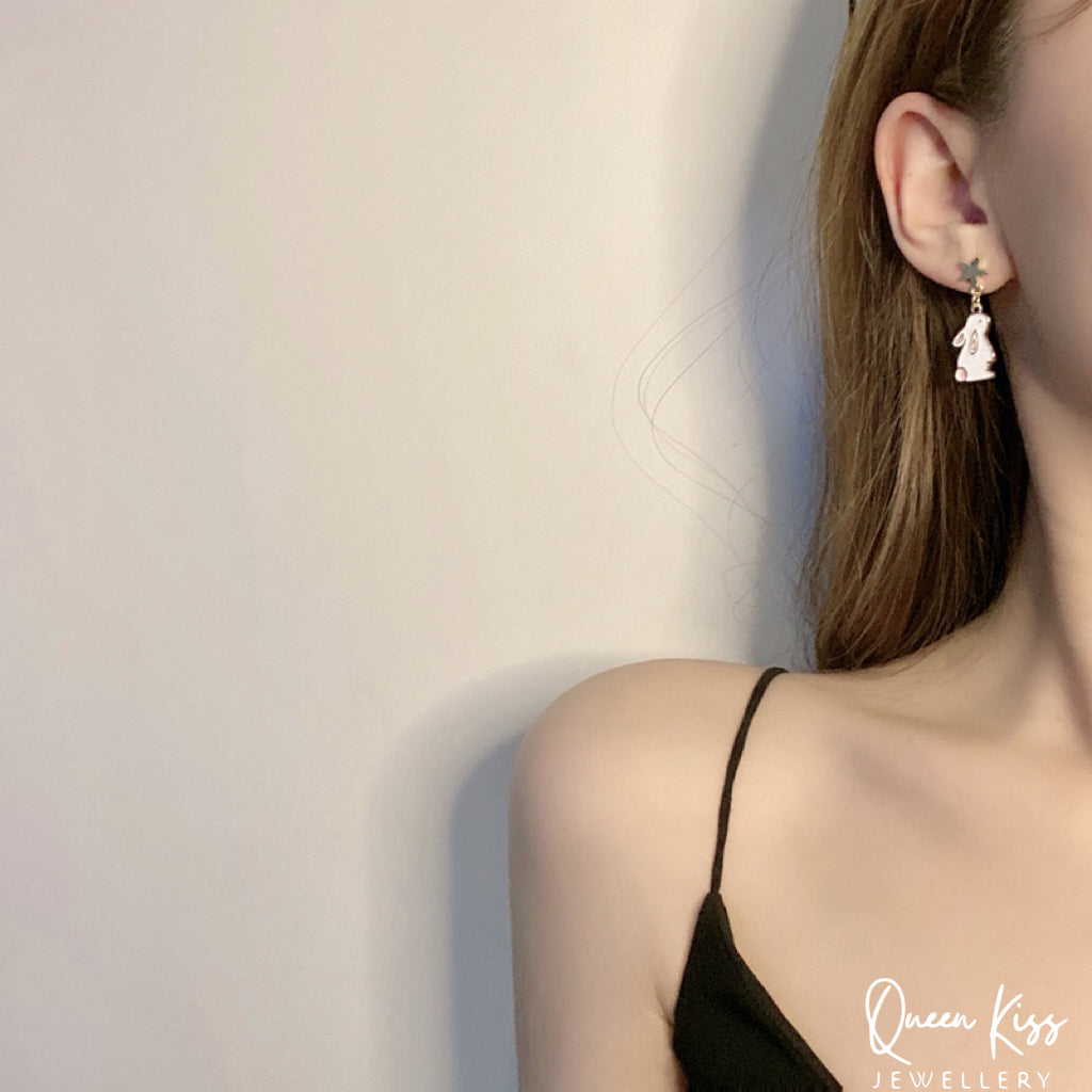 Super Cute Rabbit Bunny and Pink Flower Stars Earrings -- Angel of Mine You Are!!