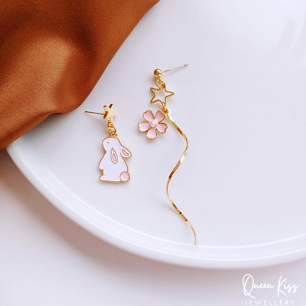 Super Cute Rabbit Bunny and Pink Flower Stars Earrings -- Angel of Mine You Are!!