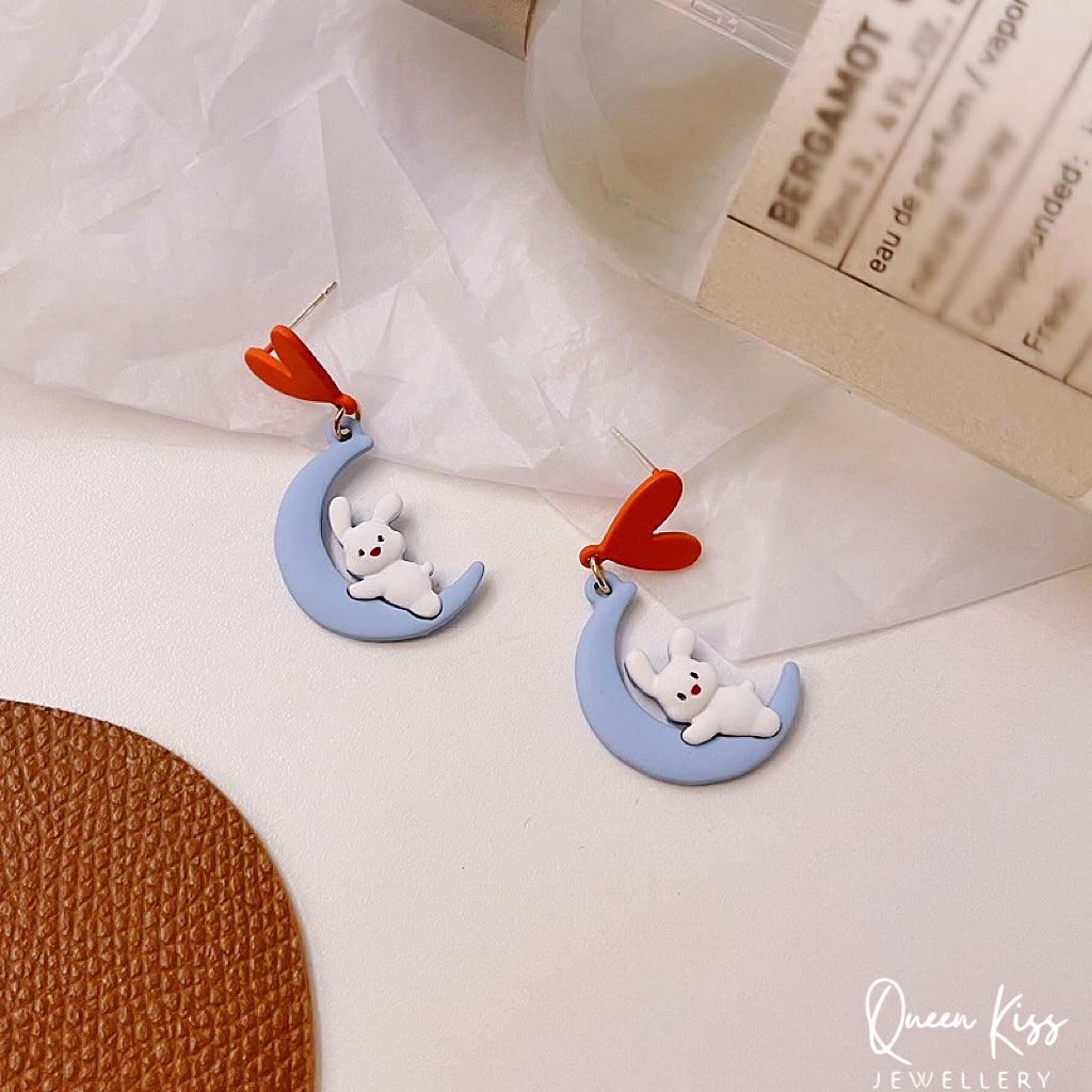 Super Cute Bunny Lay Down on the Moon and Heart Love Earrings -- Sleep Well!!