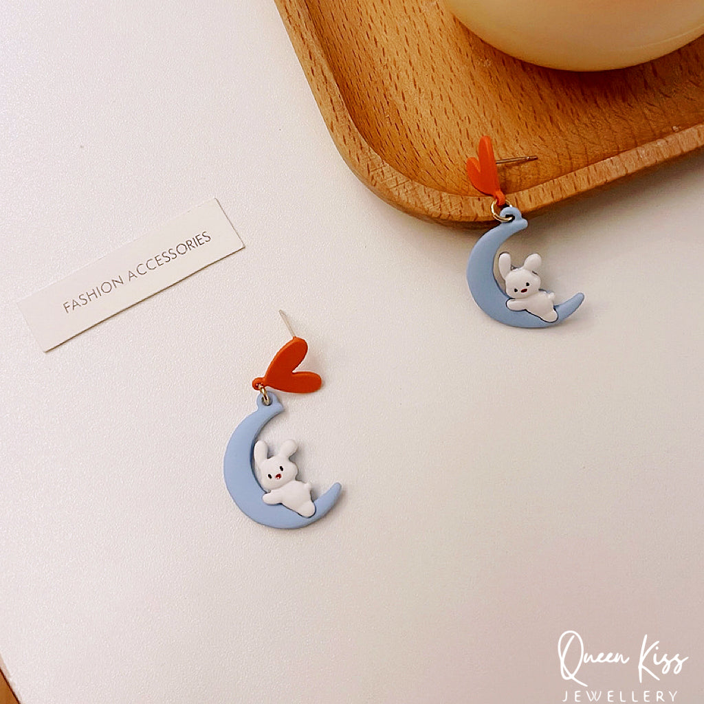 Super Cute Bunny Lay Down on the Moon and Heart Love Earrings -- Sleep Well!!