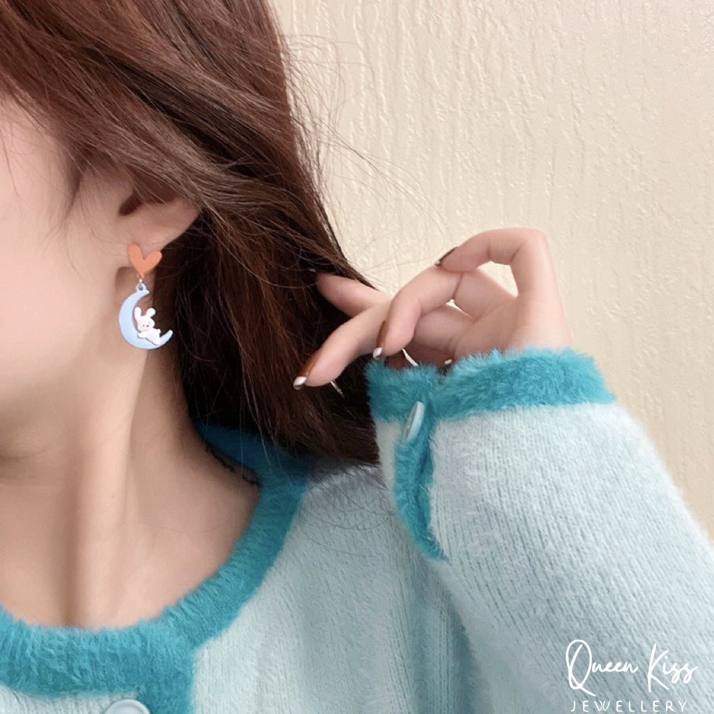 Super Cute Bunny Lay Down on the Moon and Heart Love Earrings -- Sleep Well!!